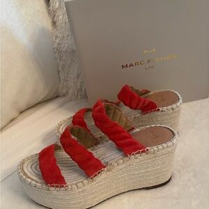 Marc Fisher red suede three strap wedges